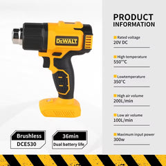 DEWALT DCE530 20V Temperatures Adjustable Hot Air Gun Cordless Heat Gun 550°C High Power Welding Thermal Blower Power Tools